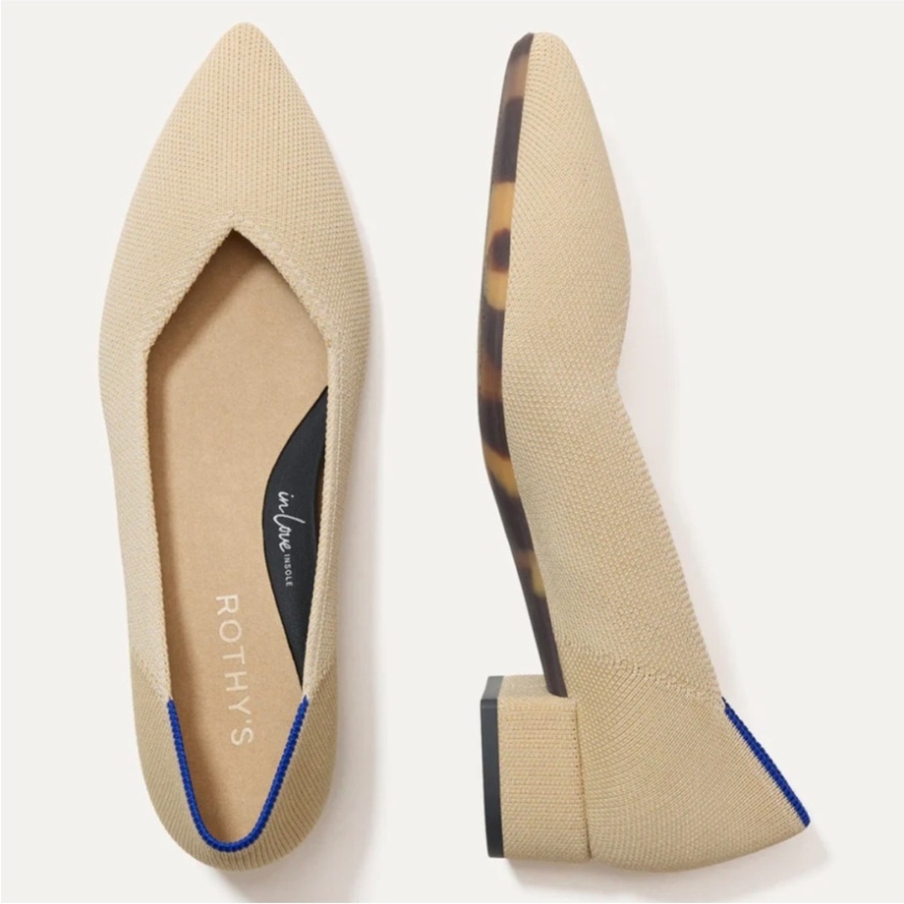 Rothy's Beige Pointed Toe Flats with Blue Trim